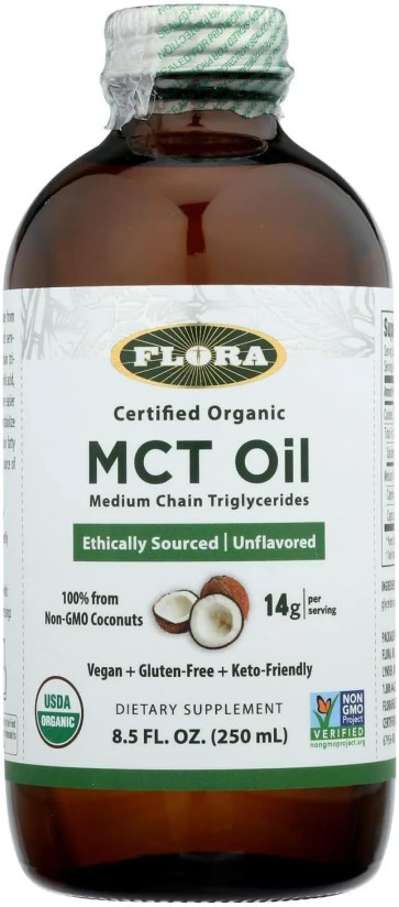 Flora - MCT Oil Certified Organic - Supports Muscle Energy & Brain Health - Contains C8 Caprylic Acid & C10 Capric Acid - Non-GMO, Gluten-Free, Vegan & Keto-Friendly - 17fl. oz. Glass Bottle